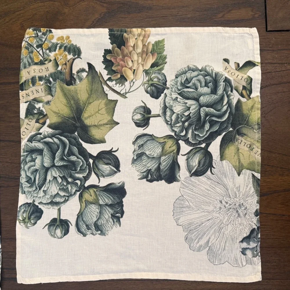 Garnier-Thiebaut Set of 4 French Linen Napkins Floral Botanical Green Blue 17.5